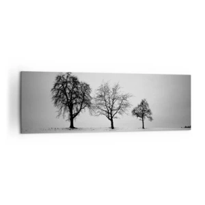 Cuadro sobre lienzo - Impresión de Imagen - Tres árboles en un campo nevado en estilo monocromático. - 160x50cm - ¿Con qué sueñan? - Decoración de pared moderna para salón y dormitorio ARTTOR