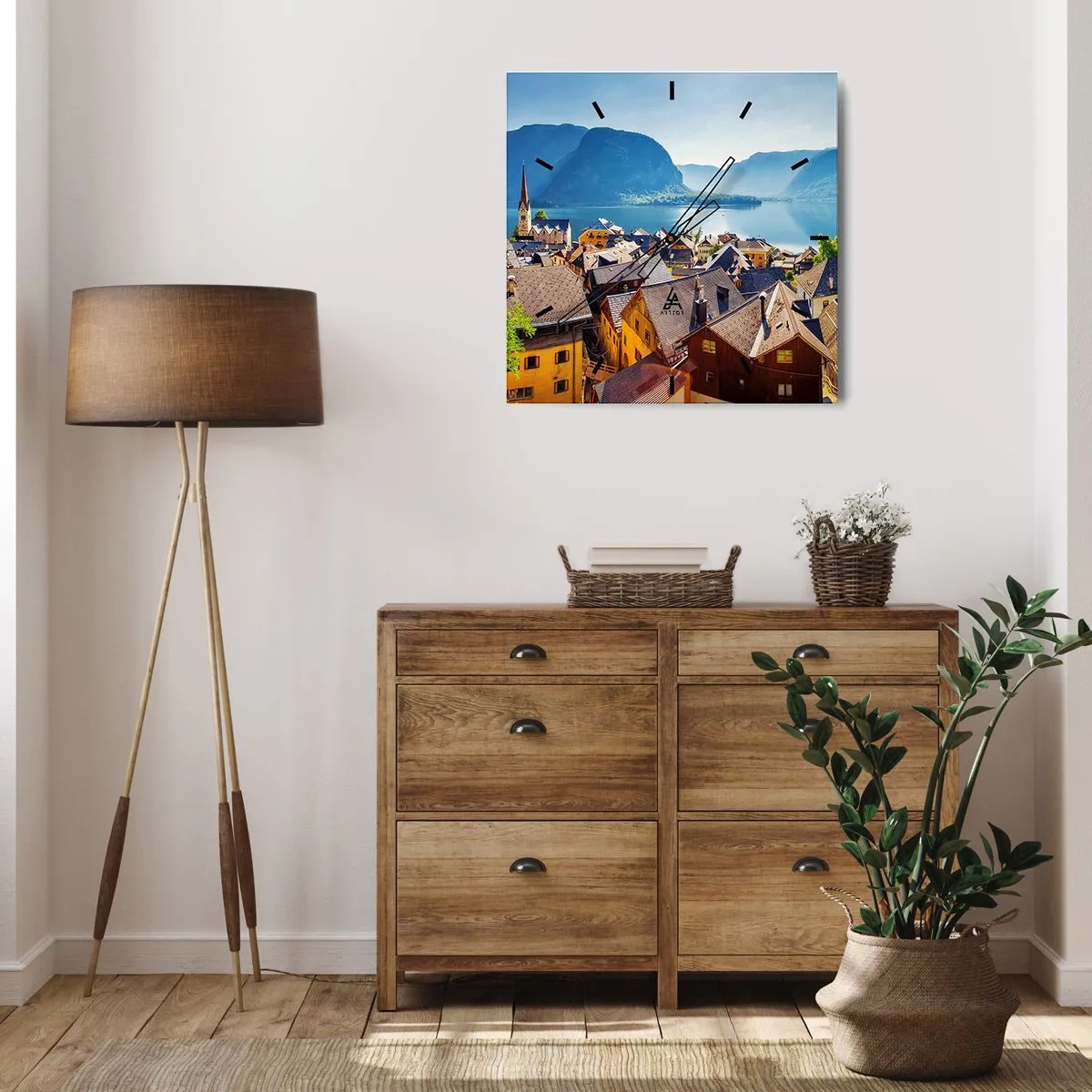 Reloj de pared - Reloj de vidrio - Un pintoresco pueblo junto a un lago rodeado de montañas en un día soleado. - 30x30cm - No podría ser más pintoresco - Decoración de pared moderna para salón y dormitorio ARTTOR