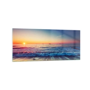 Cuadro sobre vidrio - Impresiones sobre Vidrio - Puesta de sol sobre un mar tranquilo con olas - 120x50cm - ¿Y qué hay tras el horizonte? - Decoración de pared moderna para salón y dormitorio ARTTOR