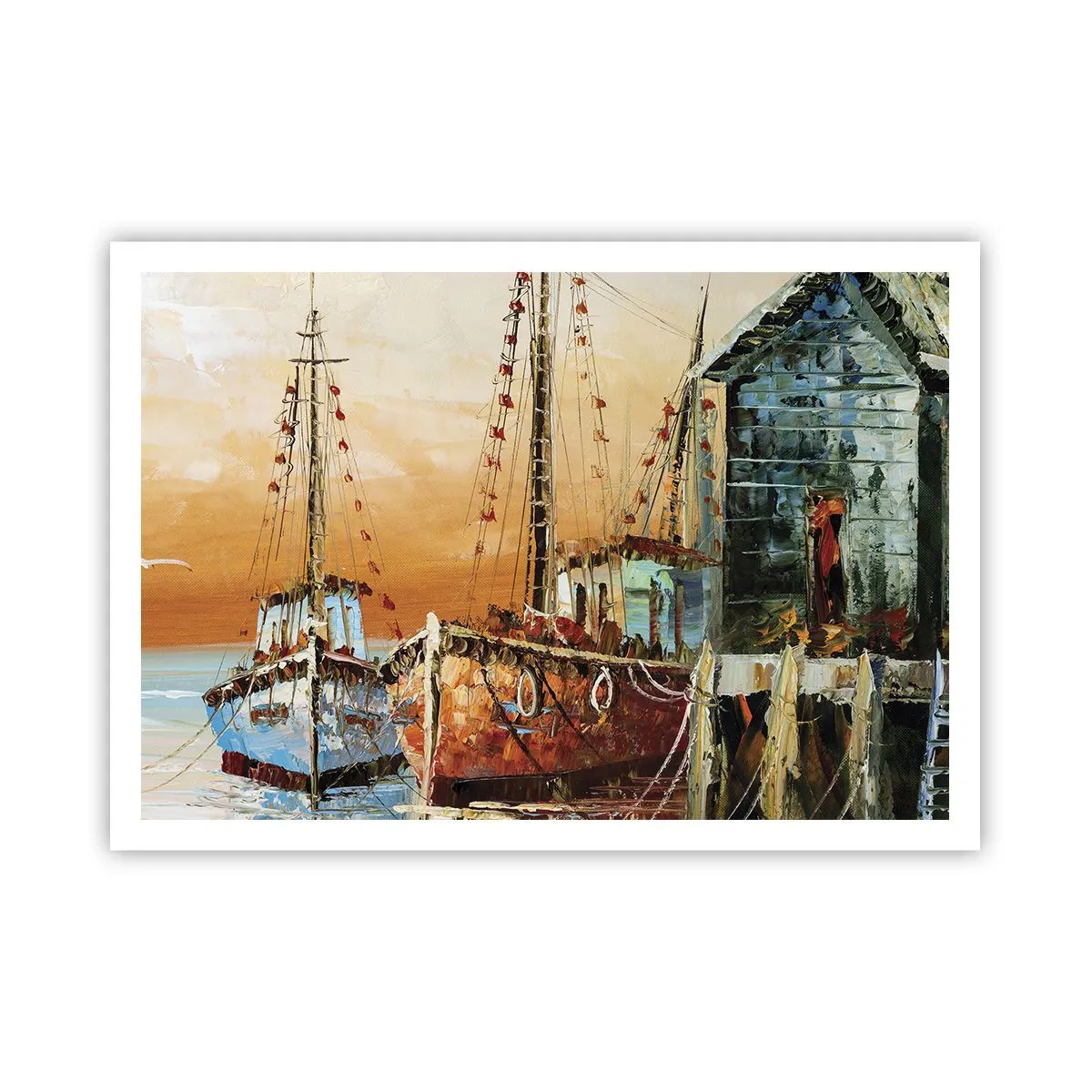 Póster - Barcos en la orilla bajo la cálida luz del atardecer. - 100x70cm - Regreso pacífico - Decoración de pared moderna para salón y dormitorio ARTTOR