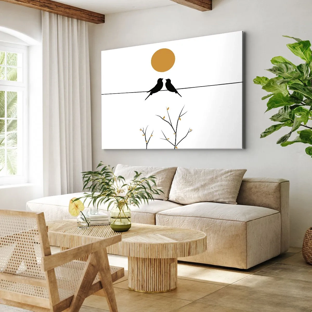 Cuadro sobre lienzo - Impresión de Imagen - Pájaros en una línea con un sol amarillo. - 70x50cm - Noche de ruiseñores - Decoración de pared moderna para salón y dormitorio ARTTOR