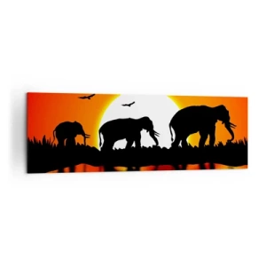 Cuadro sobre lienzo - Impresión de Imagen - Siluetas de elefantes al atardecer sobre el agua con reflejo - 160x50cm - La noche es para tomar una copita - Decoración de pared moderna para salón y dormitorio ARTTOR