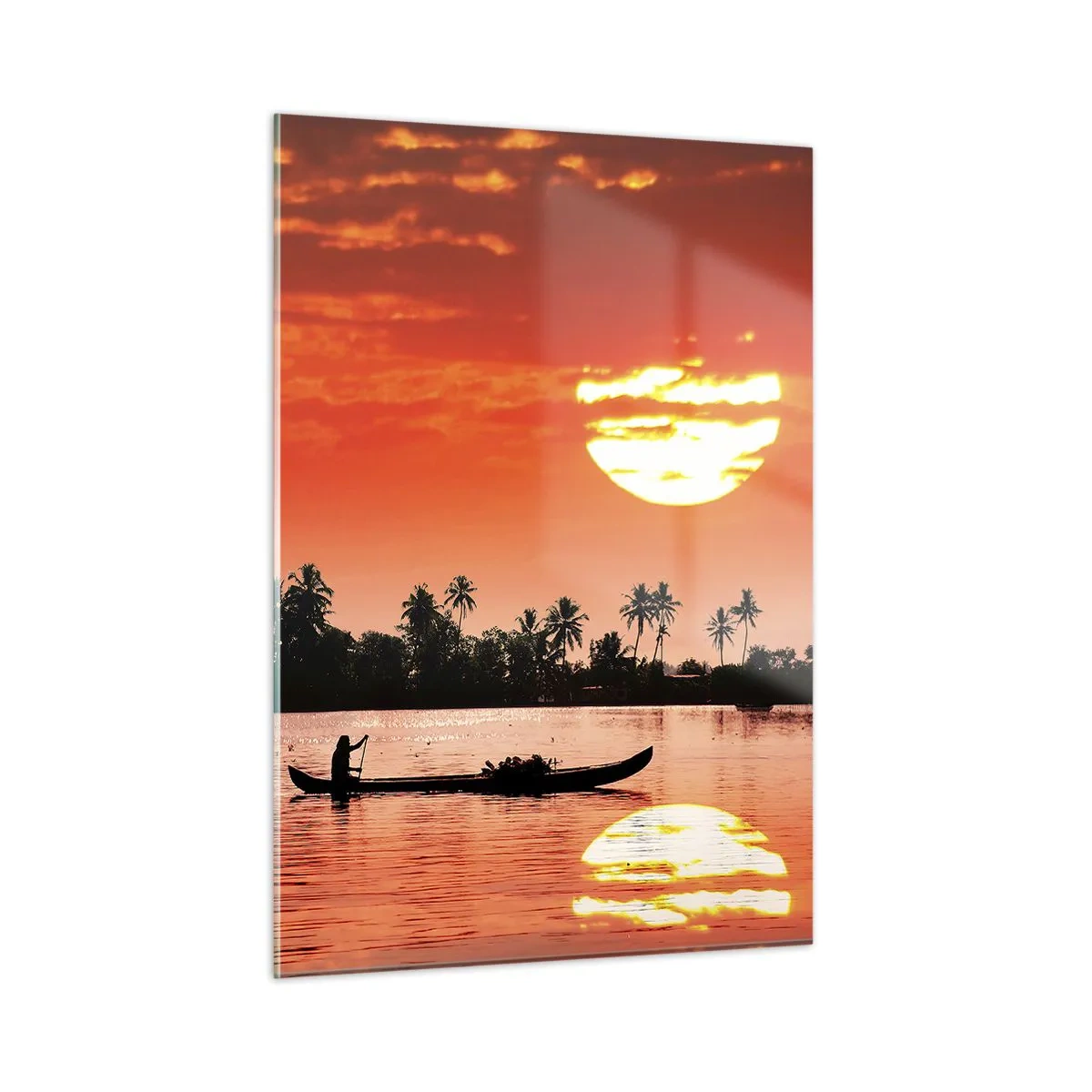 Cuadro sobre vidrio - Impresiones sobre Vidrio - Puesta de sol sobre el río con palmeras y un barco. - 50x70cm - La paz de los trópicos al atardecer - Decoración de pared moderna para salón y dormitorio ARTTOR