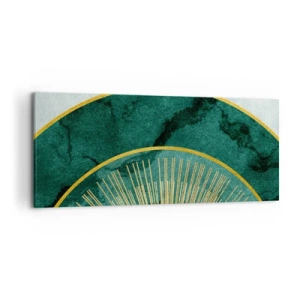 Cuadro sobre lienzo - Impresión de Imagen - Patrón abstracto con círculos en colores esmeralda y dorado. - 120x50cm - Un sistema solar diferente - Decoración de pared moderna para salón y dormitorio ARTTOR