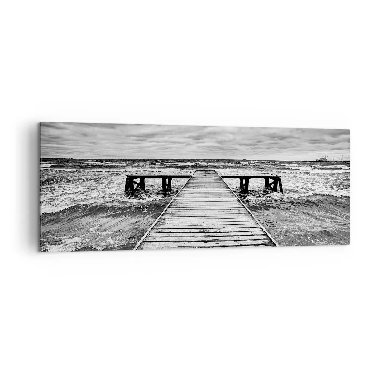 Cuadro sobre lienzo - Impresión de Imagen - Una vista en blanco y negro de un embarcadero de madera sobre un mar tempestuoso. - 140x50cm - Estoy esperando que sople el viento... - Decoración de pared moderna para salón y dormitorio ARTTOR