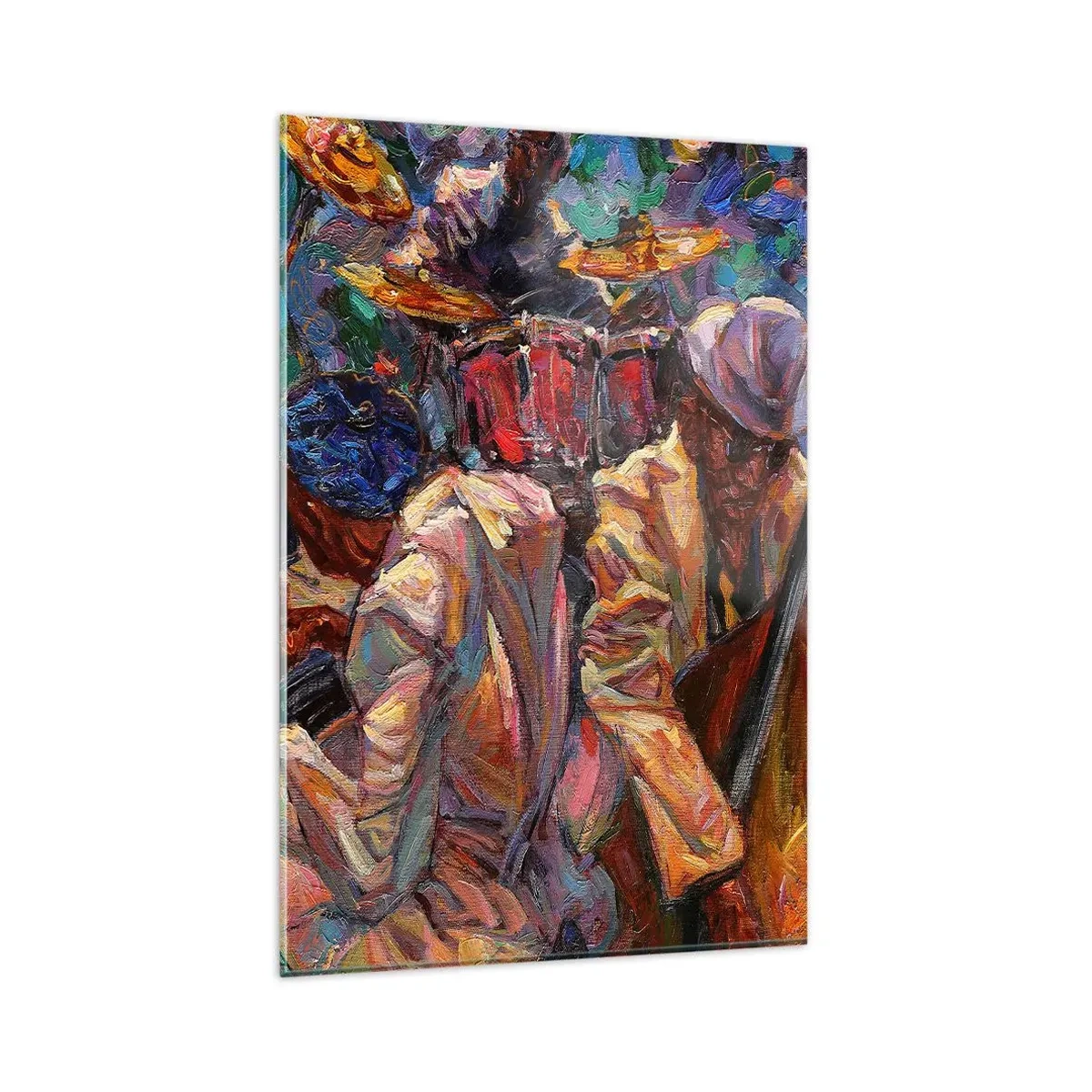 Cuadro sobre vidrio - Impresiones sobre Vidrio - Escena de jazz enérgica con músicos e instrumentos. - 80x120cm - En un ritmo mágico - Decoración de pared moderna para salón y dormitorio ARTTOR