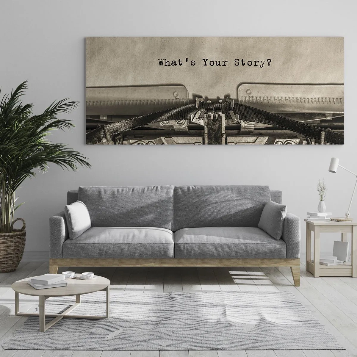 Cuadro sobre vidrio - Impresiones sobre Vidrio - Una máquina de escribir con las palabras ¿Cuál es tu historia? - 140x50cm - Solo espero una respuesta - Decoración de pared moderna para salón y dormitorio ARTTOR