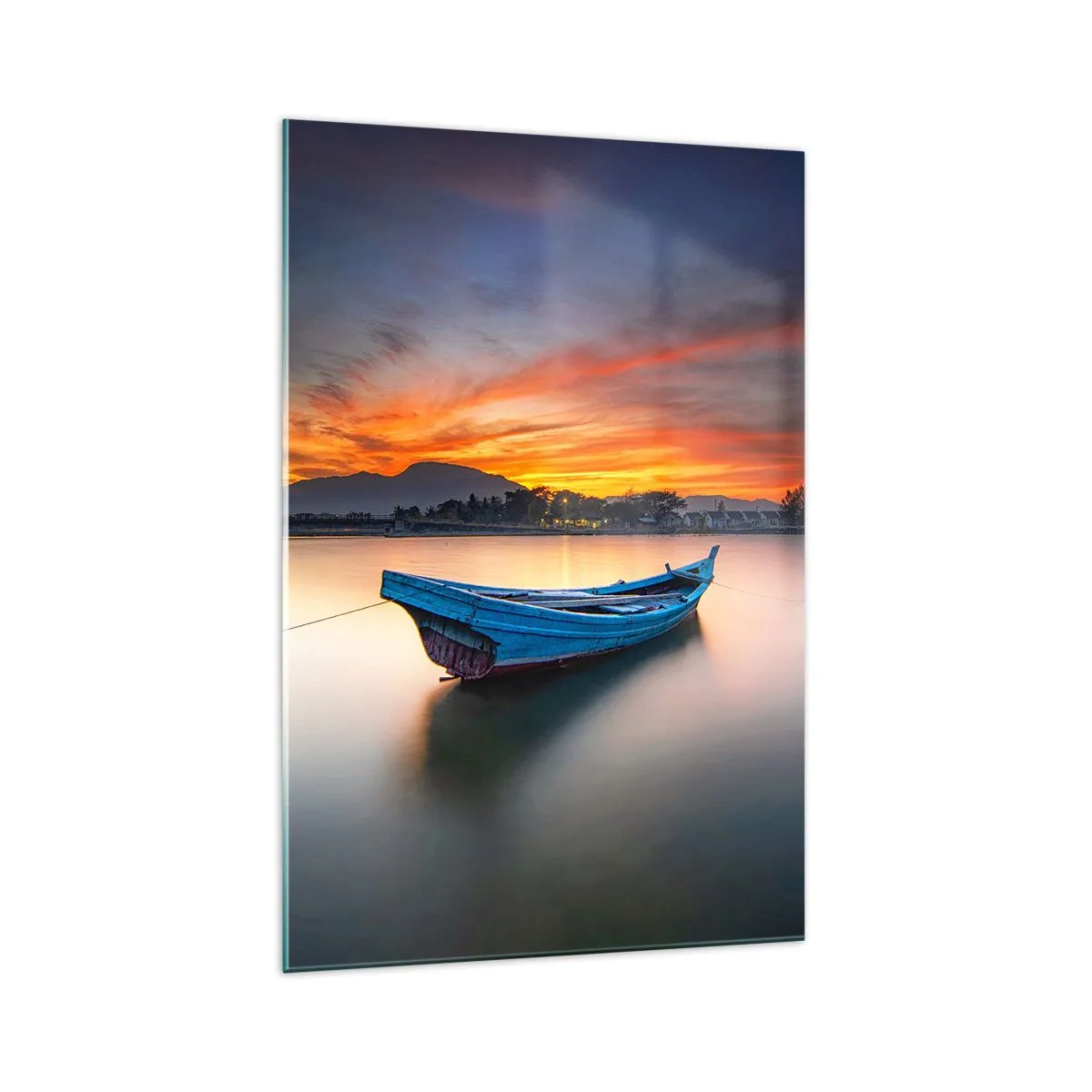 Cuadro sobre vidrio - Impresiones sobre Vidrio - Un barco en el agua durante una pintoresca puesta de sol. - 70x100cm - Se avecina una buena noche - Decoración de pared moderna para salón y dormitorio ARTTOR