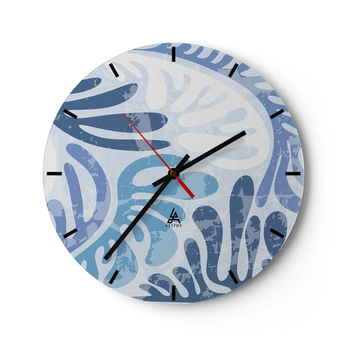 Reloj de pared - Reloj de vidrio - Formas orgánicas azules sobre un fondo claro. - 30x30cm - Helechos azules - Decoración de pared moderna para salón, cocina y dormitorio ARTTOR