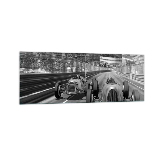 Cuadro sobre vidrio - Impresiones sobre Vidrio - Escena de carrera de coches retro monocromática - 140x50cm - Érase una vez en Montecarlo - Decoración de pared moderna para salón y dormitorio ARTTOR