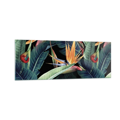 Cuadro sobre vidrio - Impresiones sobre Vidrio - Flores y hojas tropicales sobre fondo negro. - 140x50cm - Flores de llamas de los trópicos - Decoración de pared moderna para salón y dormitorio ARTTOR
