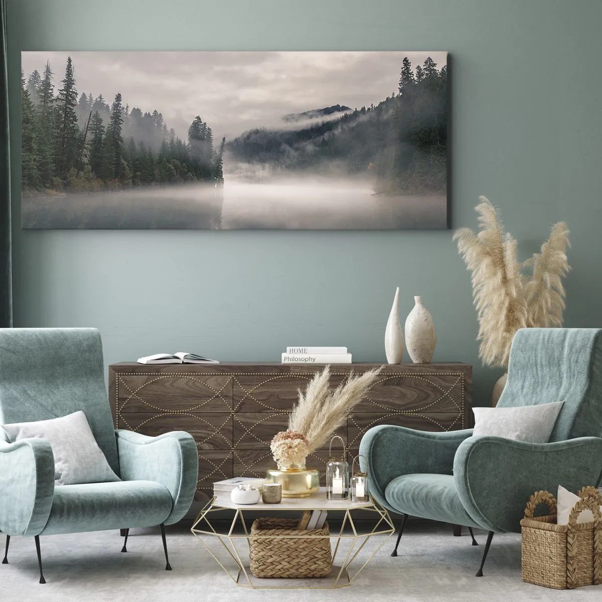 Cuadro sobre lienzo - Impresión de Imagen - Un bosque brumoso reflejado en un lago tranquilo. - 140x50cm - En el ensueño, en la niebla - Decoración de pared moderna para salón y dormitorio ARTTOR