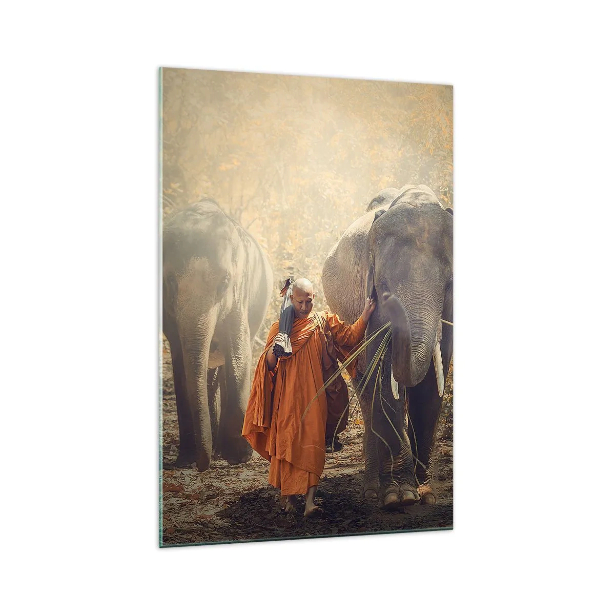 Cuadro sobre vidrio - Impresiones sobre Vidrio - Un monje con una túnica naranja guía un elefante en el bosque. - 70x100cm - Comprensión total - Decoración de pared moderna para salón y dormitorio ARTTOR