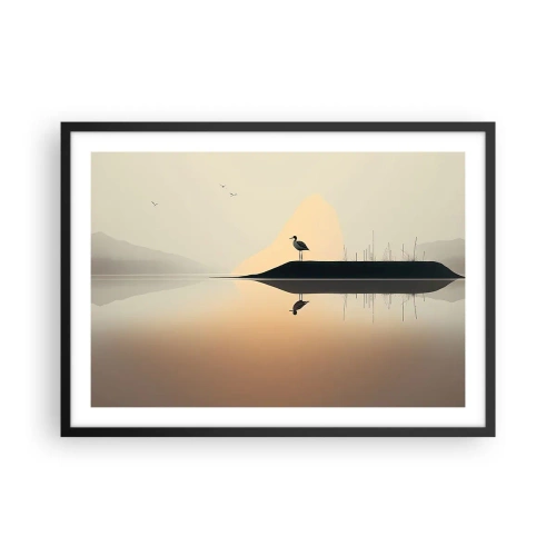 Póster en marco negro - Un pájaro en una isla en un lago tranquilo con tonos cálidos. - 70x50cm - Un caballero en el lago - Decoración de pared moderna para salón y dormitorio ARTTOR