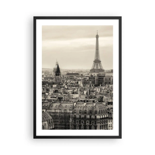 Póster en marco negro - Panorama de París con la Torre Eiffel en tonos sepia - 50x70cm - Sobre los tejados de París - Decoración de pared moderna para salón y dormitorio ARTTOR