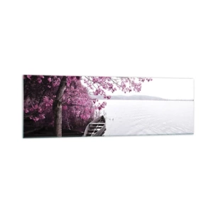 Cuadro sobre vidrio - Impresiones sobre Vidrio - Un barco en la orilla de un lago entre árboles rosados. - 160x50cm - En el silencio rosa - Decoración de pared moderna para salón y dormitorio ARTTOR