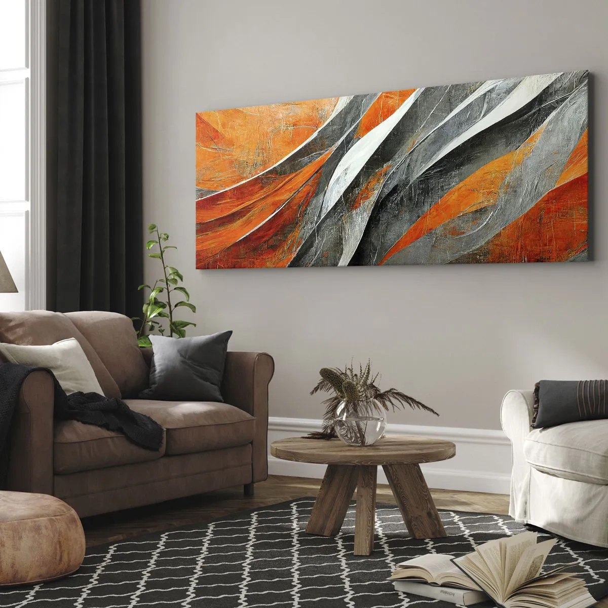 Cuadro sobre lienzo - Impresión de Imagen - Líneas abstractas en tonos naranja y gris. - 160x50cm - Calor y frío - Decoración de pared moderna para salón y dormitorio ARTTOR