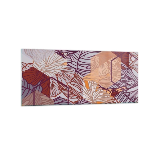 Cuadro sobre vidrio - Impresiones sobre Vidrio - Un patrón decorativo de hojas tropicales en tonos morado, naranja y beige. - 120x50cm - La unión imposible de la geometría y la naturaleza - Decoración de pared moderna para salón y dormitorio ARTTOR
