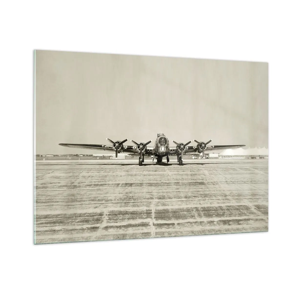 Cuadro sobre vidrio - Impresiones sobre Vidrio - Avión histórico en el aeropuerto en estilo sepia. - 100x70cm - Como siempre, preparado - Decoración de pared moderna para salón y dormitorio ARTTOR