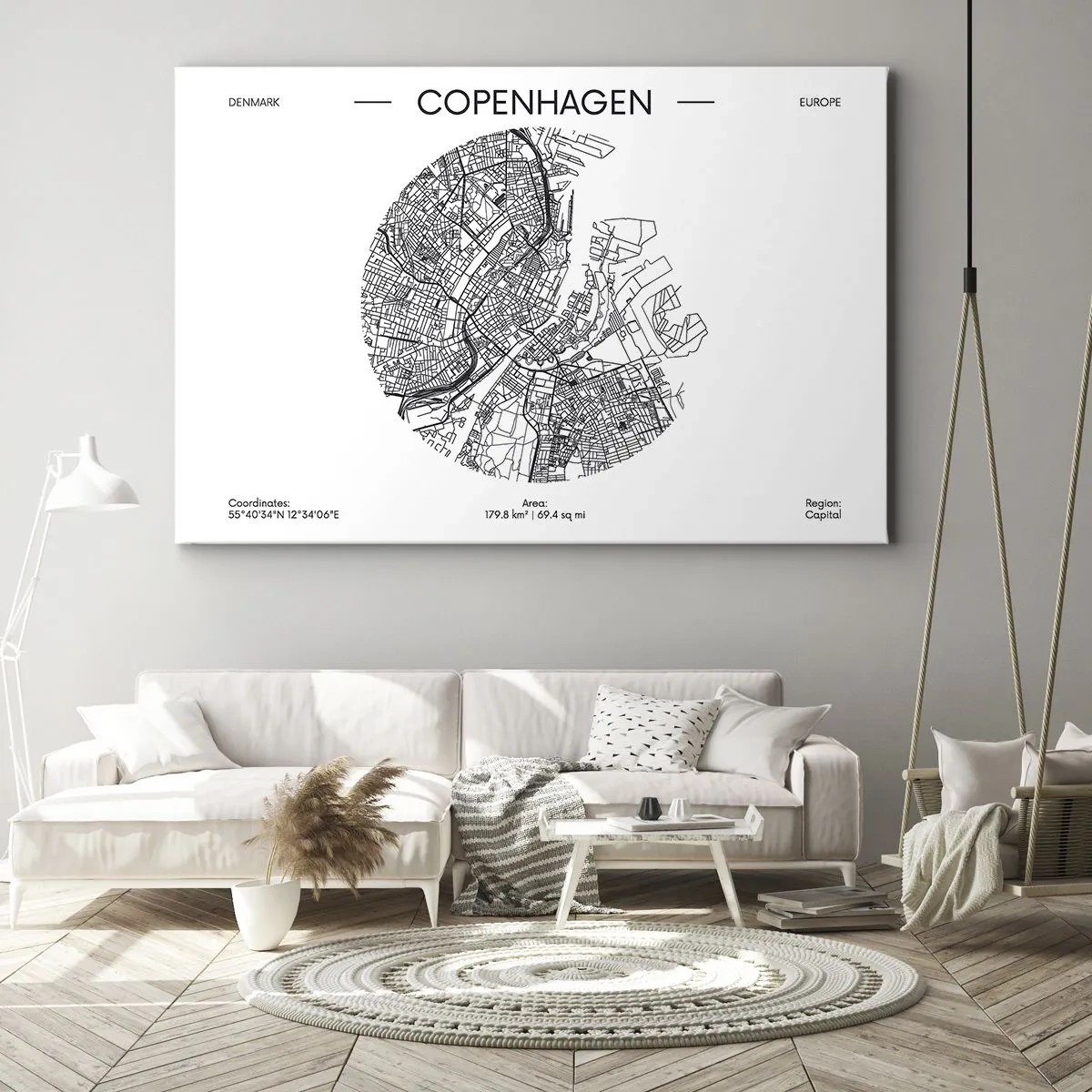 Cuadro sobre lienzo - Impresión de Imagen - Un mapa de Copenhague en un estilo minimalista en blanco y negro. - 70x50cm - Anatomía de Copenhague - Decoración de pared moderna para salón y dormitorio ARTTOR