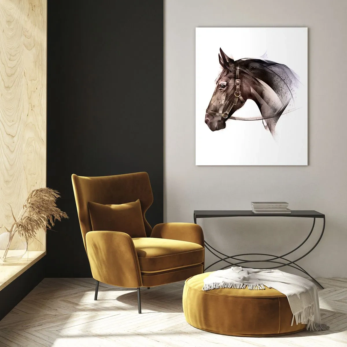 Cuadro sobre vidrio - Impresiones sobre Vidrio - Un perfil de caballo en una delicada forma artística sobre un fondo blanco. - 70x100cm - Elegancia - Decoración de pared moderna para salón y dormitorio ARTTOR