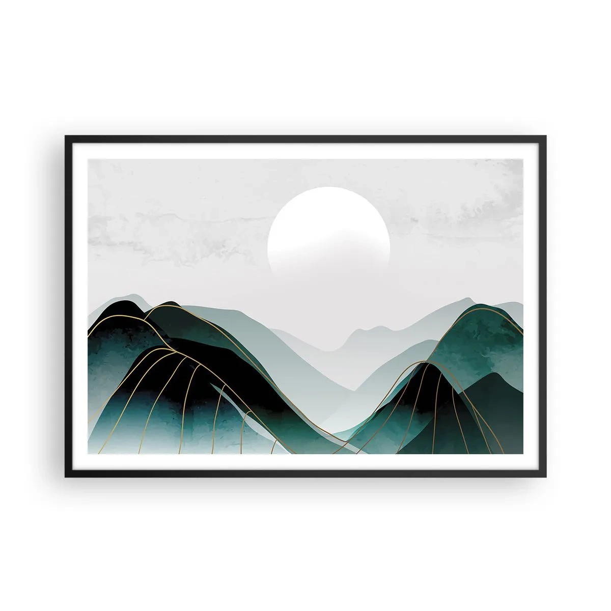 Póster en marco negro - Paisaje montañoso abstracto con la luna y líneas doradas. - 100x70cm - Con toda la majestuosidad - Decoración de pared moderna para salón y dormitorio ARTTOR