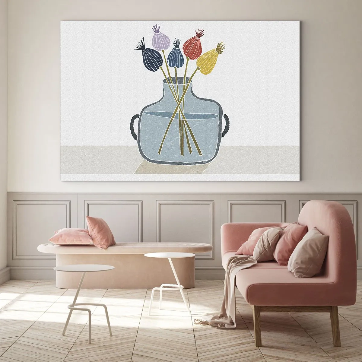 Cuadro sobre vidrio - Impresiones sobre Vidrio - Cabezas de amapola decorativas en una jarra de estilo gráfico. - 120x80cm - Como una semilla de amapola - Decoración de pared moderna para salón y dormitorio ARTTOR