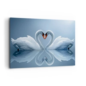 Cuadro sobre lienzo - Impresión de Imagen - Dos cisnes formando un corazón en una superficie tranquila del agua. - 100x70cm - Tiempo de amor - Decoración de pared moderna para salón y dormitorio ARTTOR