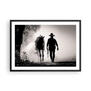 Póster en marco negro - Vaquero con caballo en la niebla de la mañana - 70x50cm - La mañana de Texas - Decoración de pared moderna para salón y dormitorio ARTTOR