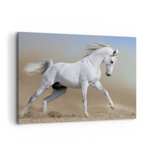 Cuadro sobre lienzo - Impresión de Imagen - Un caballo blanco galopando a través de un paisaje desértico. - 120x80cm - El más bello cuento de hadas árabe - Decoración de pared moderna para salón y dormitorio ARTTOR
