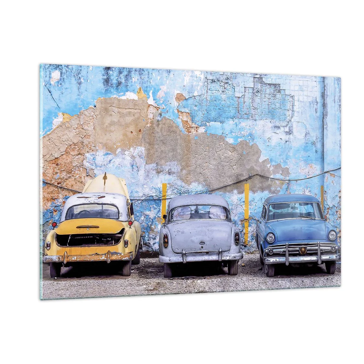Cuadro sobre vidrio - Impresiones sobre Vidrio - Coches antiguos con un muro en ruinas como telón de fondo - 120x80cm - Reunión de veteranos - Decoración de pared moderna para salón y dormitorio ARTTOR