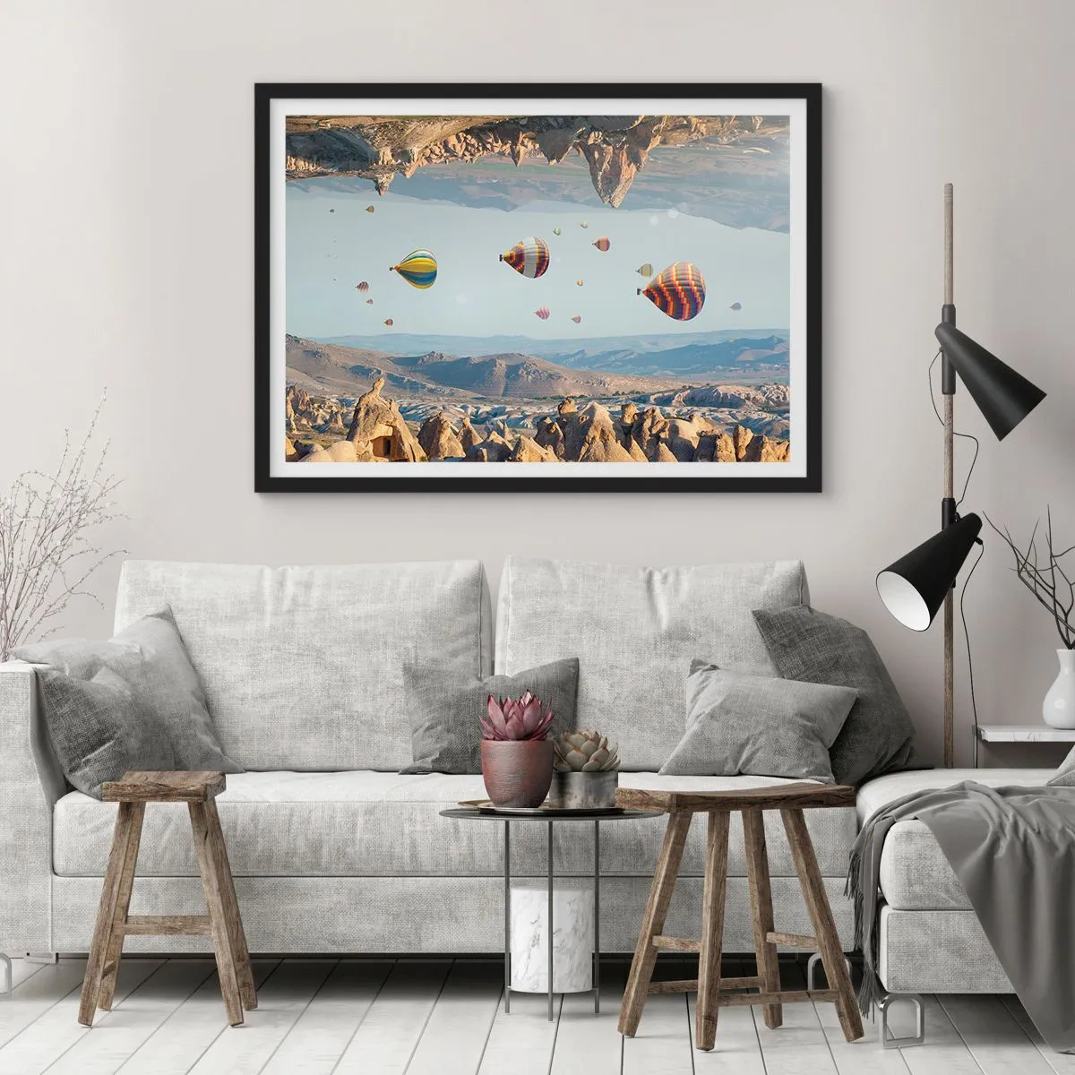Póster en marco negro - Globos de colores sobre un paisaje rocoso. - 100x70cm - Aquí todo es posible - Decoración de pared moderna para salón y dormitorio ARTTOR