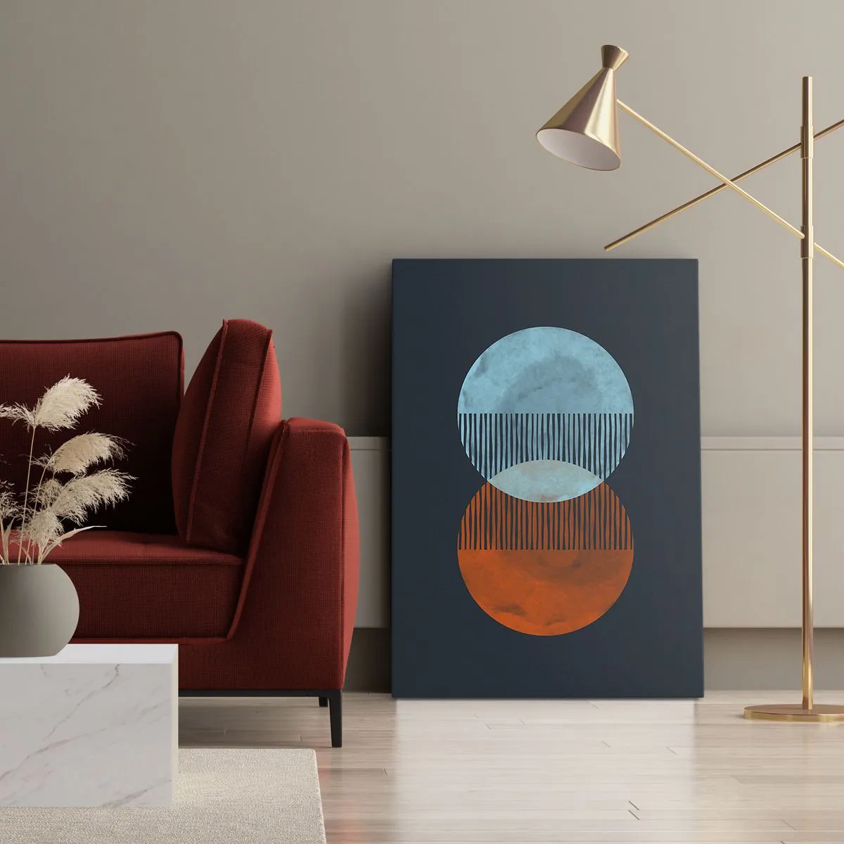 Cuadro sobre lienzo - Impresión de Imagen - Dos círculos naranjas y azules sobre un fondo oscuro. - 50x70cm - Fantasía astronómica - Decoración de pared moderna para salón y dormitorio ARTTOR