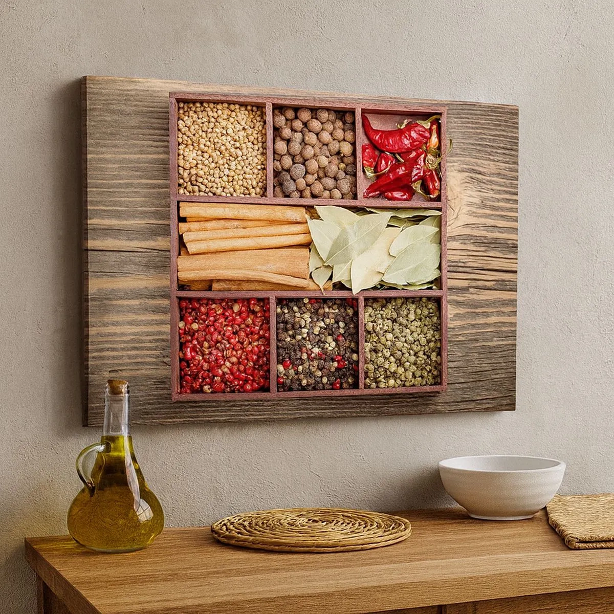 Cuadro sobre lienzo - Impresión de Imagen - Caja de madera con varias especias en compartimentos. - 70x50cm - Orden de formas, composición de aromas - Decoración de pared moderna para salón y dormitorio ARTTOR