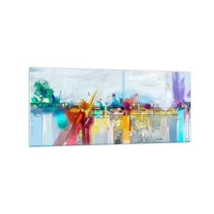 Cuadro sobre vidrio - Impresiones sobre Vidrio - Paisaje abstracto con acentos coloridos. - 120x50cm - Un puente de alegría sobre el río de la vida - Decoración de pared moderna para salón y dormitorio ARTTOR