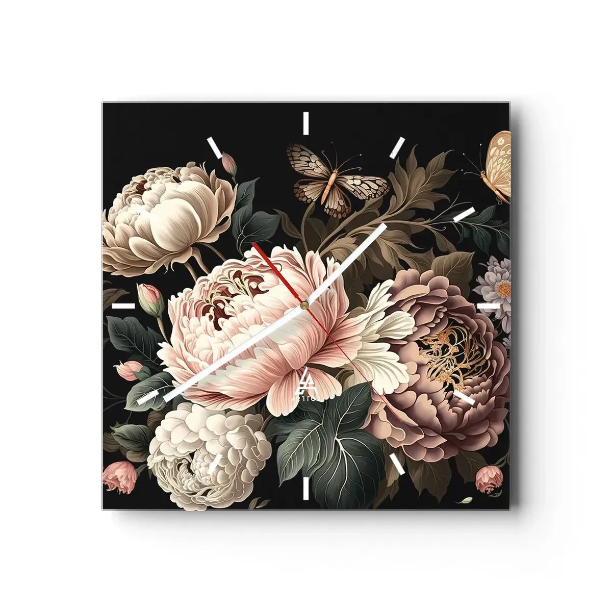 Reloj de pared - Reloj de vidrio - Un ramo de flores rosas y mariposas sobre un fondo negro. - 30x30cm - En estilo barroco - Decoración de pared moderna para salón y dormitorio ARTTOR