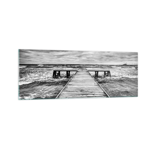Cuadro sobre vidrio - Impresiones sobre Vidrio - Una vista en blanco y negro de un embarcadero de madera sobre un mar tempestuoso. - 140x50cm - Estoy esperando que sople el viento... - Decoración de pared moderna para salón y dormitorio ARTTOR
