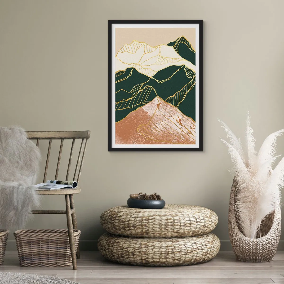 Póster en marco negro - Líneas doradas abstractas que crean un paisaje de montaña. - 50x70cm - Picos de oro - Decoración de pared moderna para salón y dormitorio ARTTOR