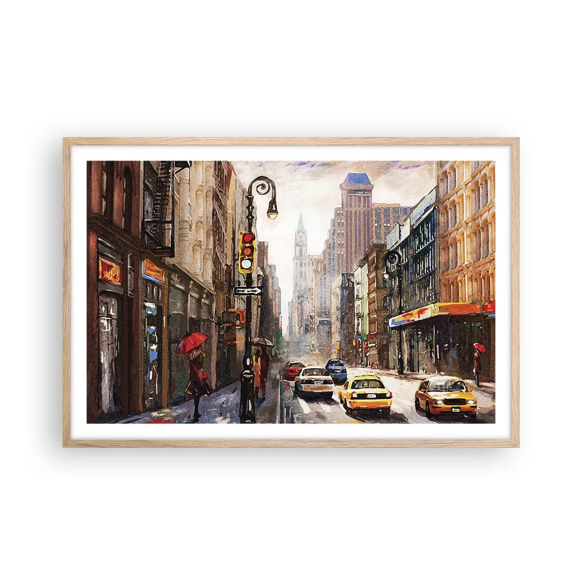 Póster en marco roble claro - Nueva York - también colorida bajo la lluvia - 91x61 cm