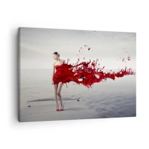 Cuadro sobre lienzo - Impresión de Imagen - Una mujer con un vestido rojo en una composición artística junto al agua. - 70x50cm - Apasionada como la escarlata - Decoración de pared moderna para salón y dormitorio ARTTOR
