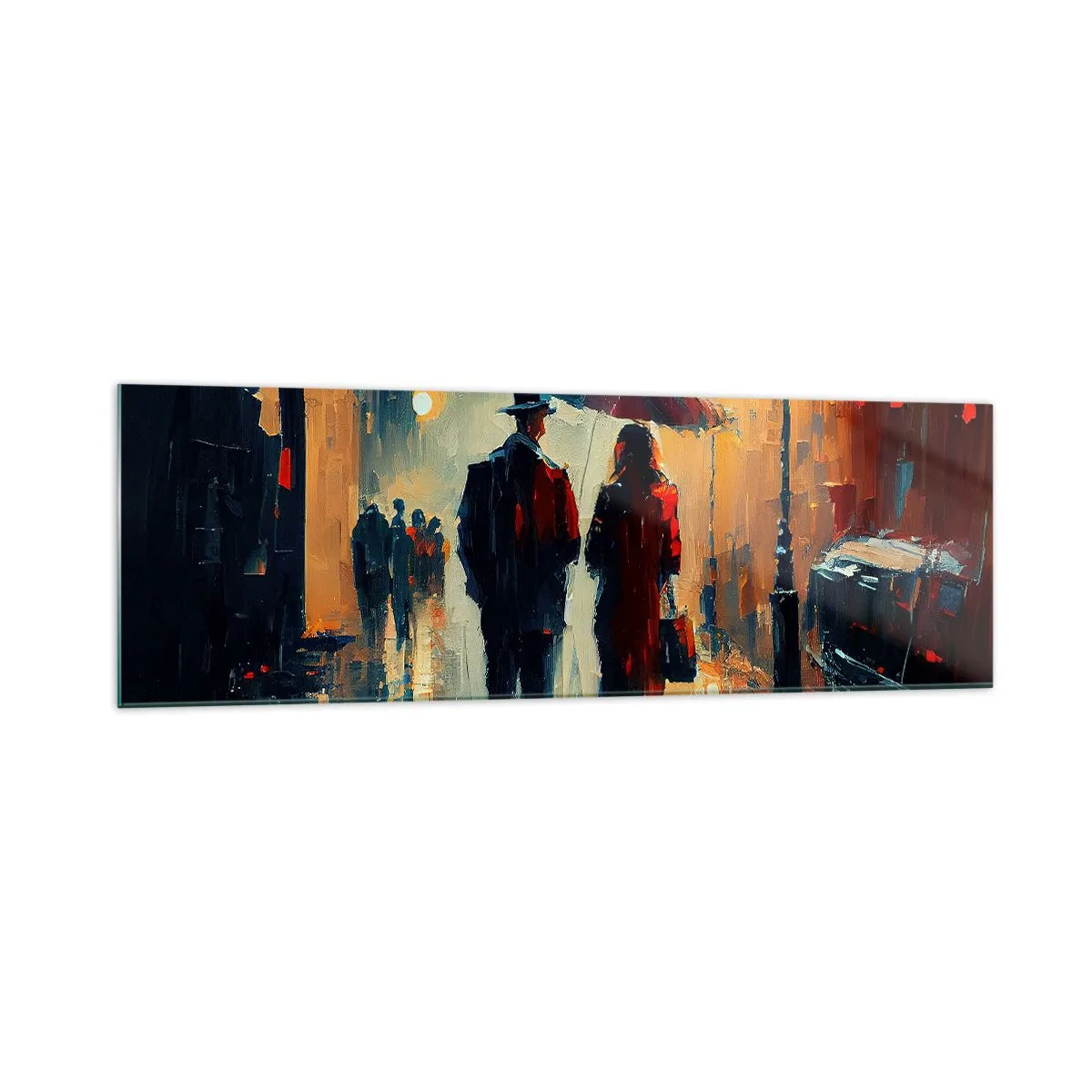 Cuadro sobre vidrio - Impresiones sobre Vidrio - Caminando bajo la lluvia bajo un paraguas en la ciudad por la noche. - 160x50cm - Historia de amor urbana - Decoración de pared moderna para salón y dormitorio ARTTOR