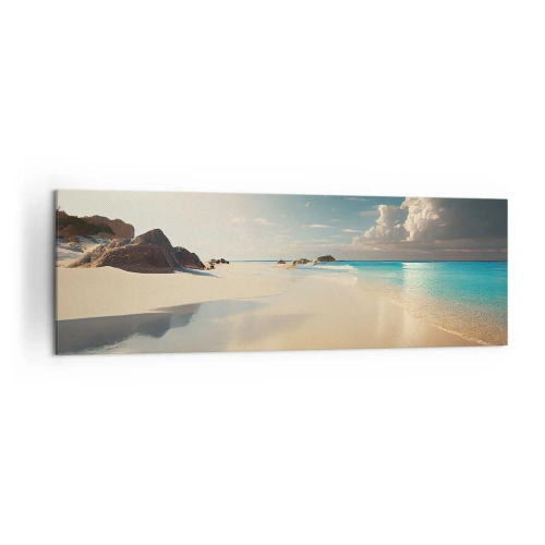 Cuadro sobre lienzo - Impresión de Imagen - Una playa soleada con mar azul y rocas. - 160x50cm - Un día de ensueño - Decoración de pared moderna para salón y dormitorio ARTTOR