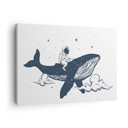 Cuadro sobre lienzo - Impresión de Imagen - Astronauta en una ballena flotando en el espacio - 70x50cm - Una aventura cósmica - Decoración de pared moderna para salón y dormitorio ARTTOR