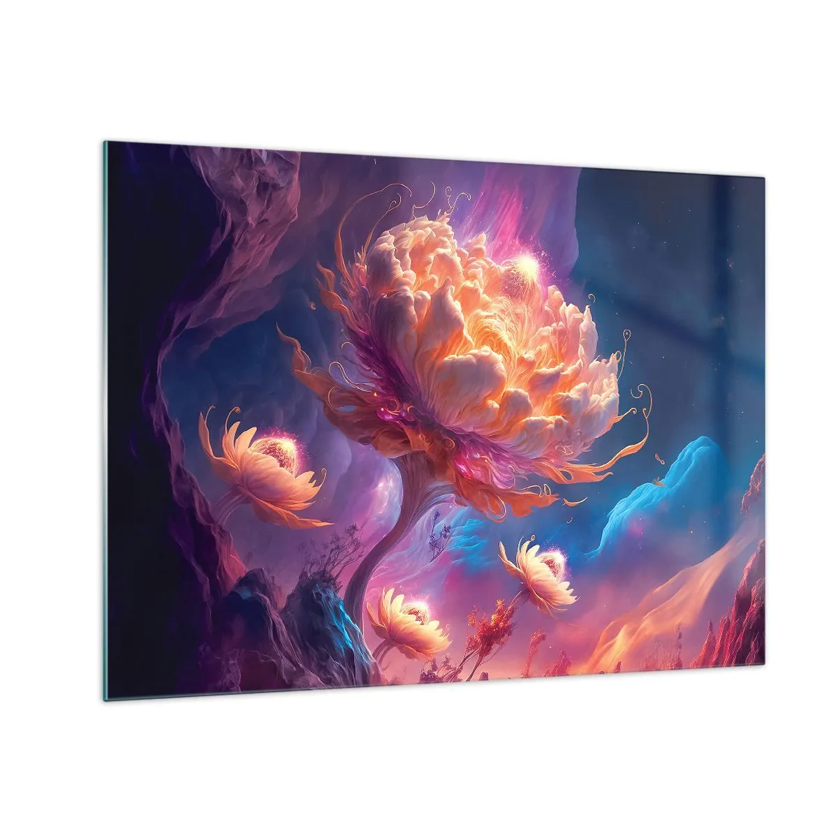 Cuadro sobre vidrio - Impresiones sobre Vidrio - Una flor fantástica flotando en un entorno cósmico. - 70x50cm - Otro mundo - Decoración de pared moderna para salón y dormitorio ARTTOR