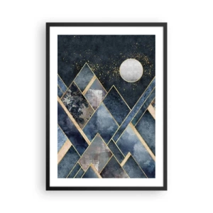 Póster en marco negro - Montañas geométricas en tonos azul marino y dorado. - 50x70cm - Paisaje geométrico - Decoración de pared moderna para salón y dormitorio ARTTOR