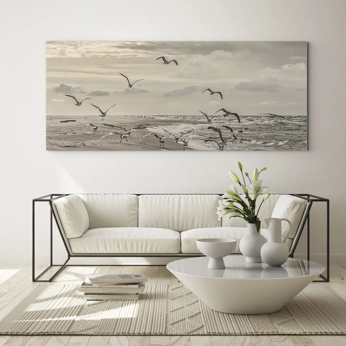 Cuadro sobre vidrio - Impresiones sobre Vidrio - Una gaviota en vuelo sobre un paisaje costero - 120x50cm - El sonido del mar, el canto de los pájaros - Decoración de pared moderna para salón y dormitorio ARTTOR