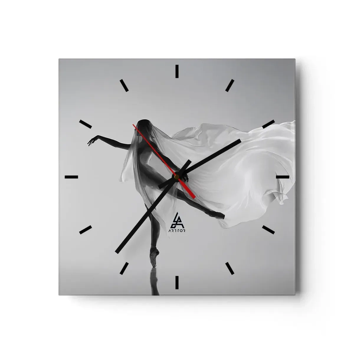 Reloj de pared - Reloj de vidrio - Una bailarina en una pose etérea con tela fluida. - 30x30cm - Ligereza y gracia - Decoración de pared moderna para salón y dormitorio ARTTOR