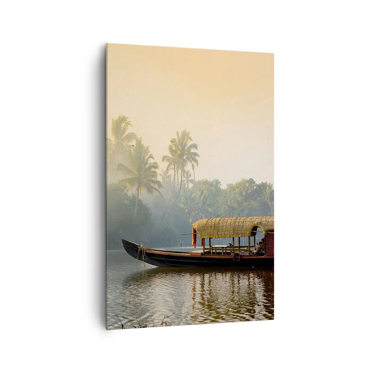 Cuadro sobre lienzo - Impresión de Imagen - Un barco tradicional en un río tranquilo entre palmeras. - 80x120cm - Casa en el río - Decoración de pared moderna para salón y dormitorio ARTTOR