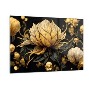 Cuadro sobre vidrio - Impresiones sobre Vidrio - Flores doradas sobre fondo negro en una elegante composición. - 120x80cm - Sutil fragilidad - Decoración de pared moderna para salón y dormitorio ARTTOR