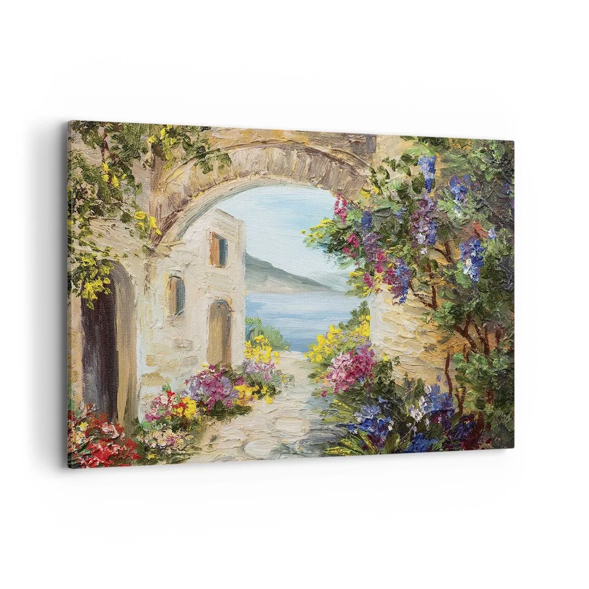 Cuadro sobre lienzo - Impresión de Imagen - Paisaje costero con edificios de piedra y flores. - 100x70cm - El encanto del paisaje costero - Decoración de pared moderna para salón y dormitorio ARTTOR